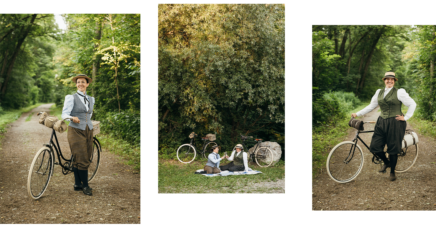 Freundinnen-Portrait im Wald, historische Fahrrad-Mode in Graz, Steiermark