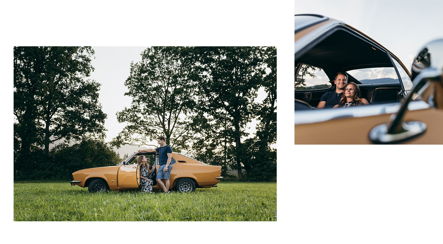 Paar mit gelbem Oldtimer Opel Manta