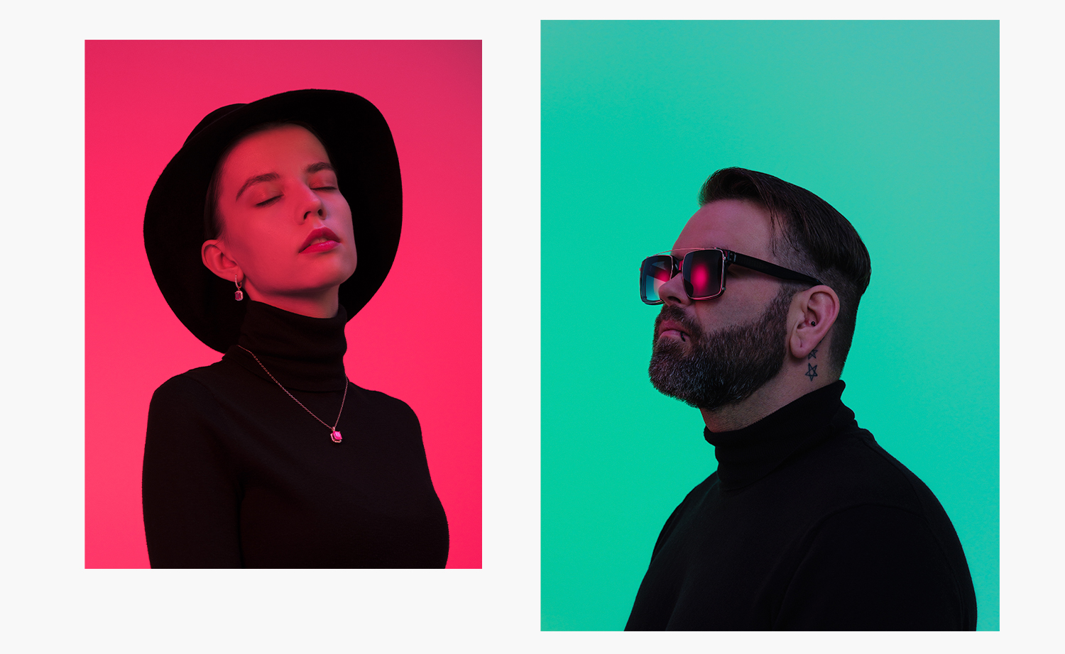 Frauen-Portrait in Schwarz und Pink, Männer-Portrait in Schwarz und Türkis mit Andy Wolf Sonnenbrille